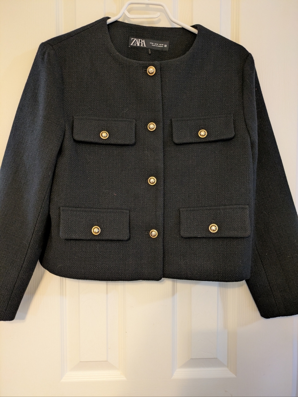 ZARA Black Cropped Textured Jacket with Gold Buttons